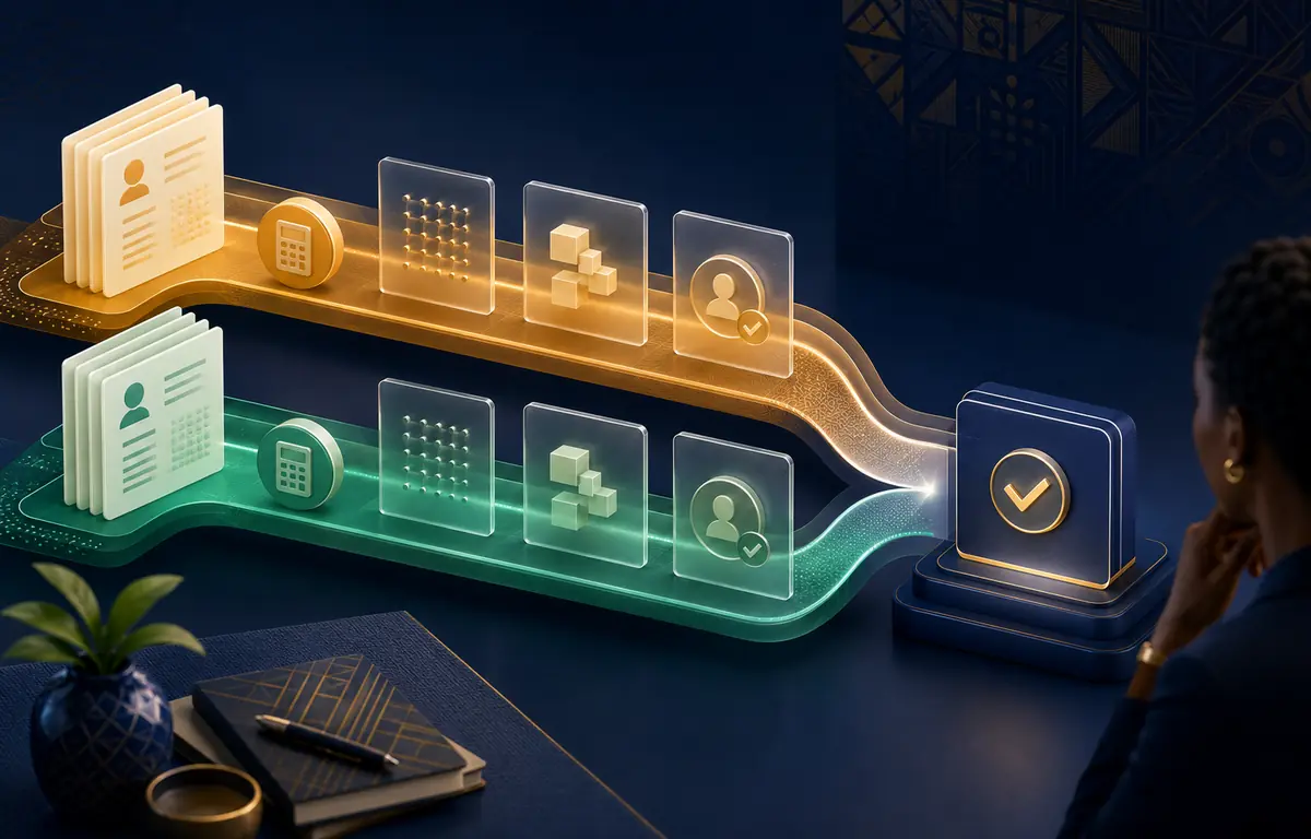 Conceptual illustration of two payroll runs converging into one verified result