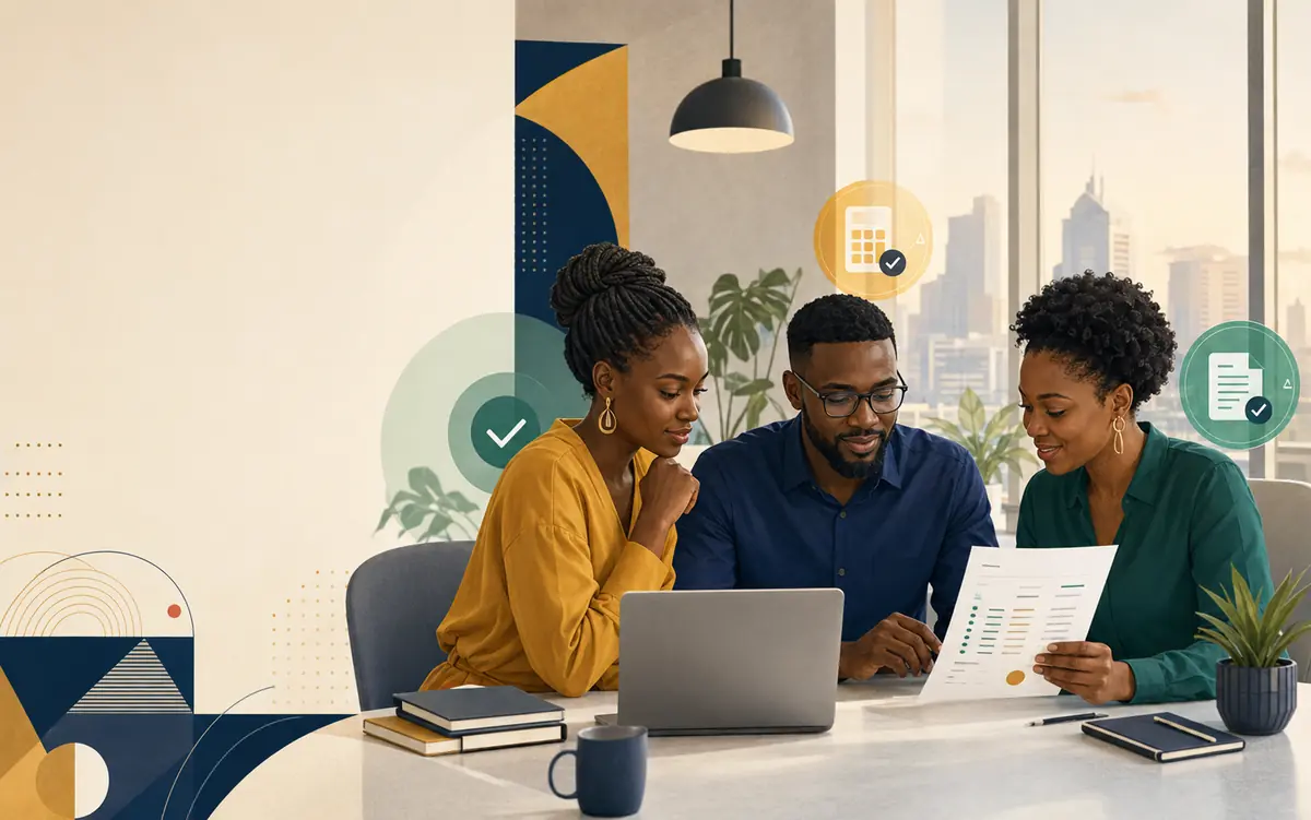 Editorial illustration of a Zimbabwean payroll team reviewing a payroll run together